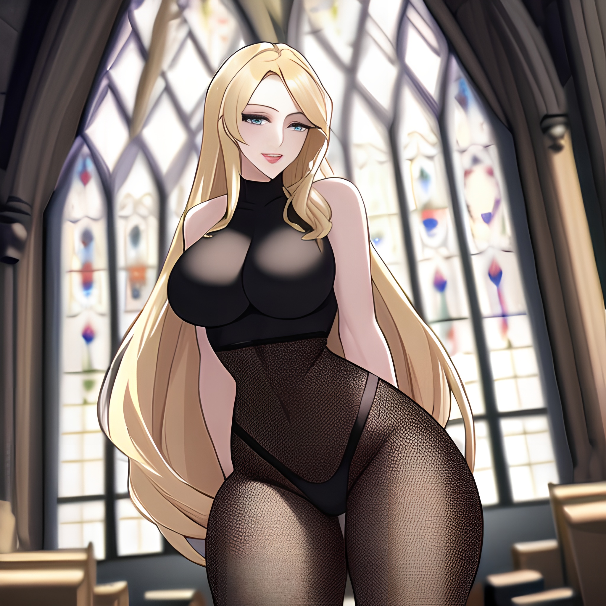 long hair fishnet church woman blonde 