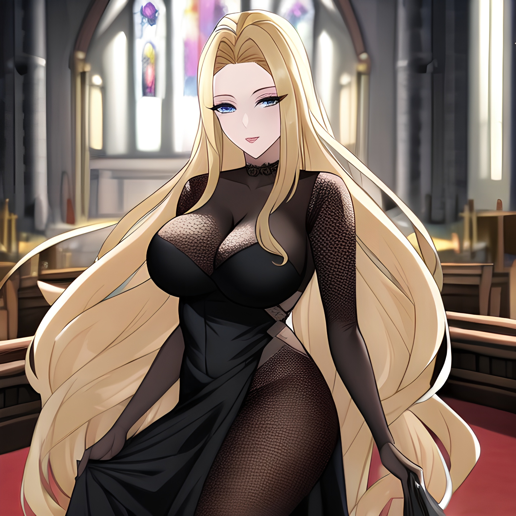 long hair fishnet church woman blonde 