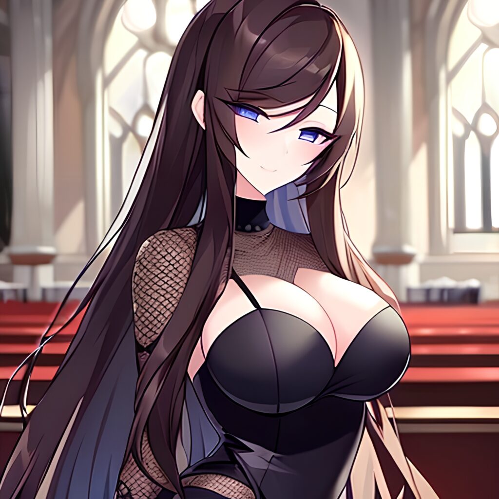 long hair fishnet church woman brunette messy hair 