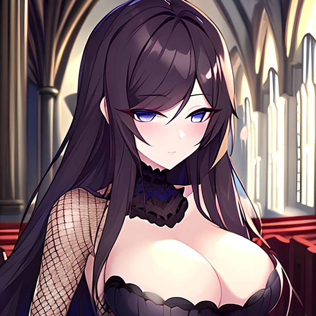 long hair fishnet church woman brunette messy hair 