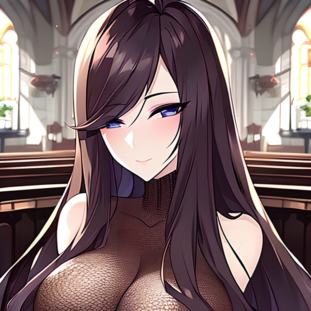 long hair fishnet church woman brunette messy hair 