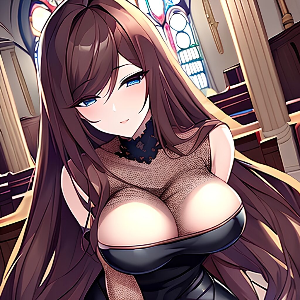 long hair fishnet church woman messy hair brunette 