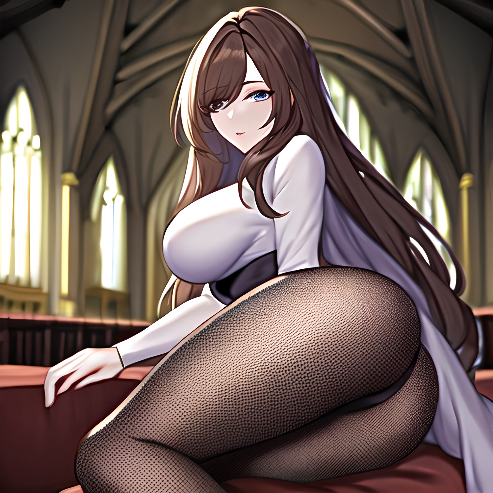 long hair fishnet church woman messy hair brunette 