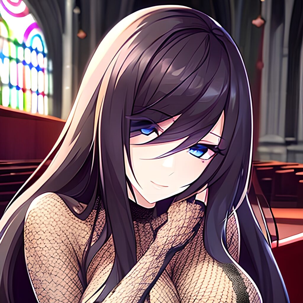 long hair fishnet church woman messy hair brunette 