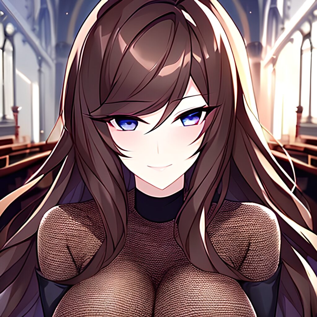 long hair fishnet church woman messy hair brunette 