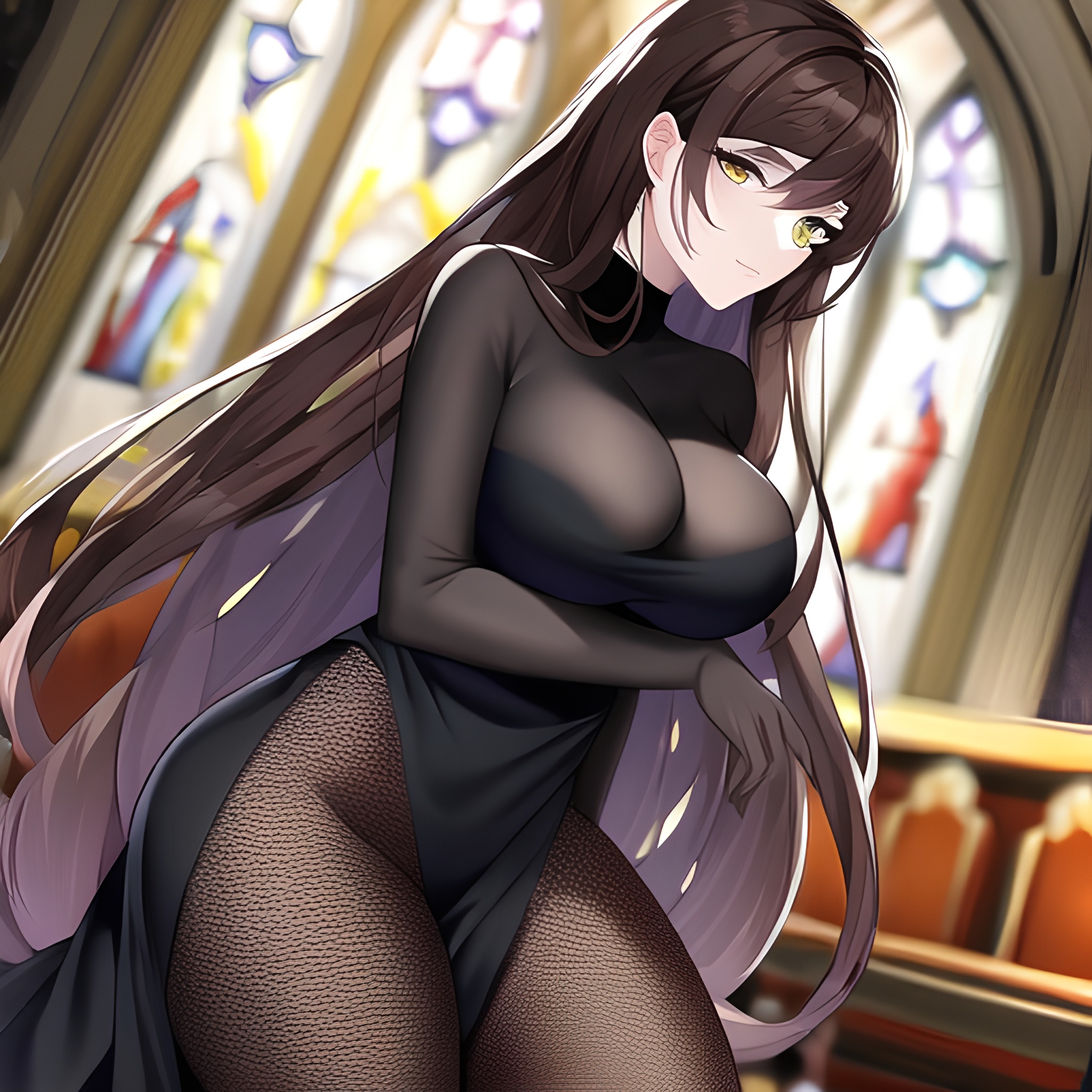 long hair fishnet church woman messy hair brunette 