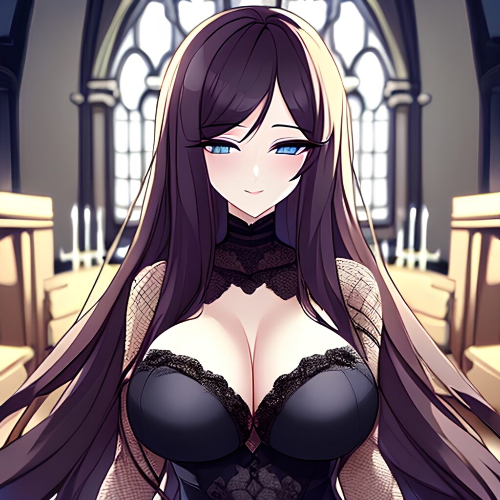 long hair fishnet church woman messy hair brunette