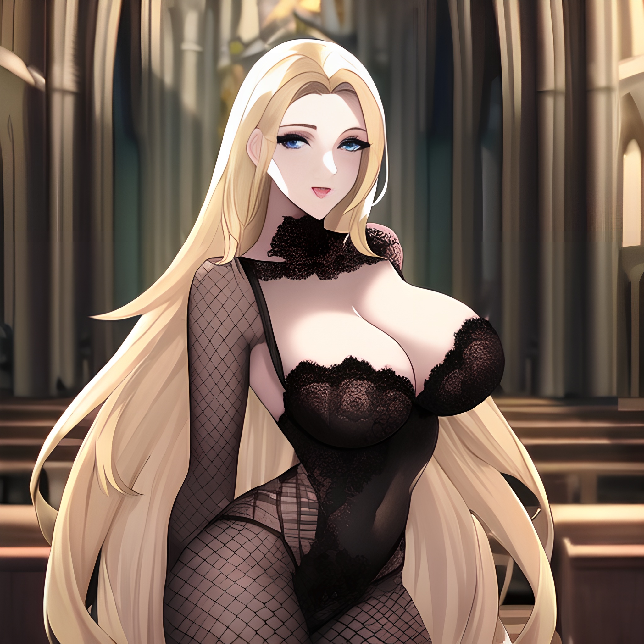 long hair fishnet front view nude blonde small boobs woman church 