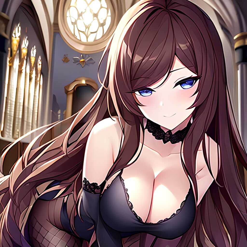 long hair fishnet messy hair brunette church woman 