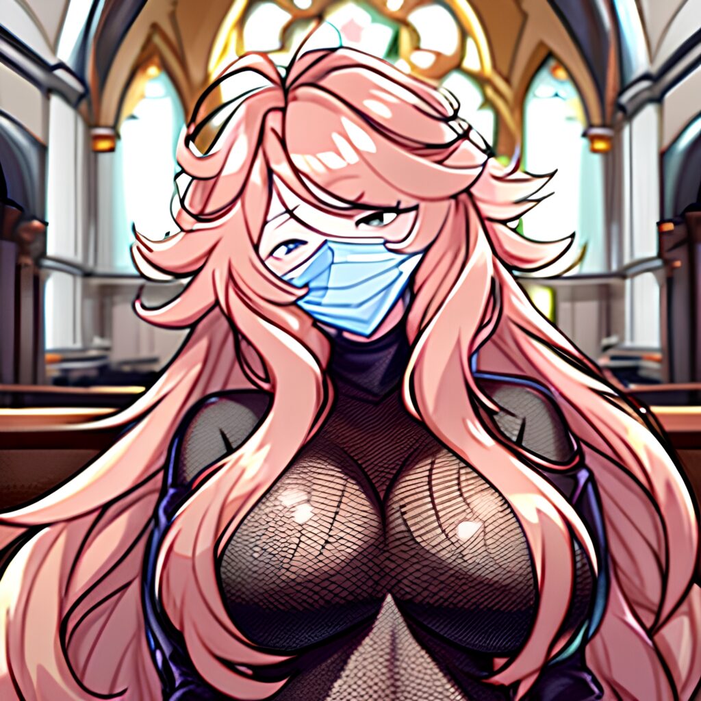 long hair fishnet messy hair brunette church woman 