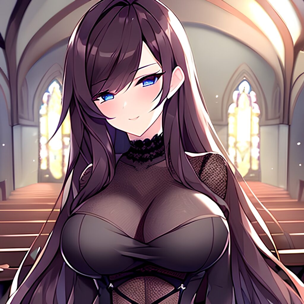 long hair fishnet messy hair brunette church woman 