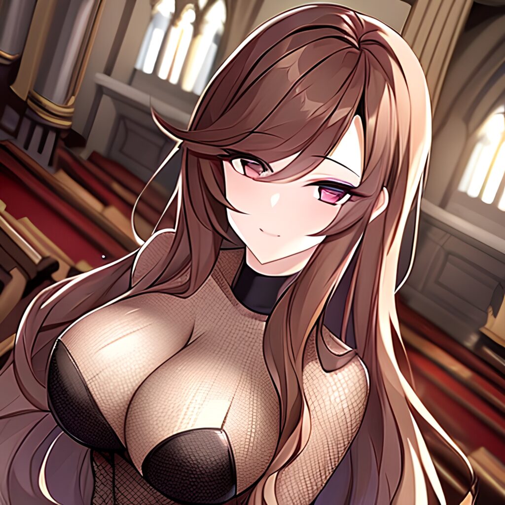 long hair fishnet messy hair brunette woman church 