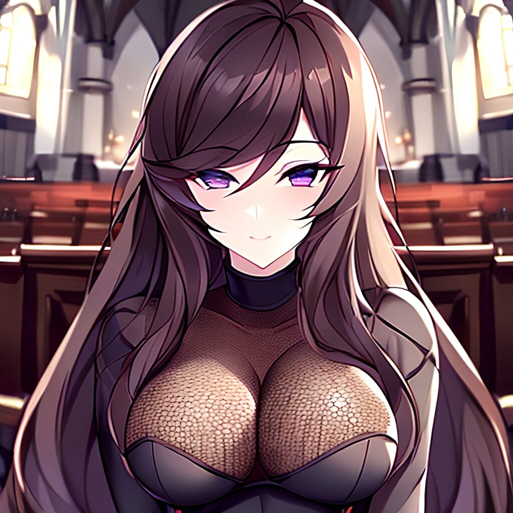 long hair fishnet messy hair brunette woman church 