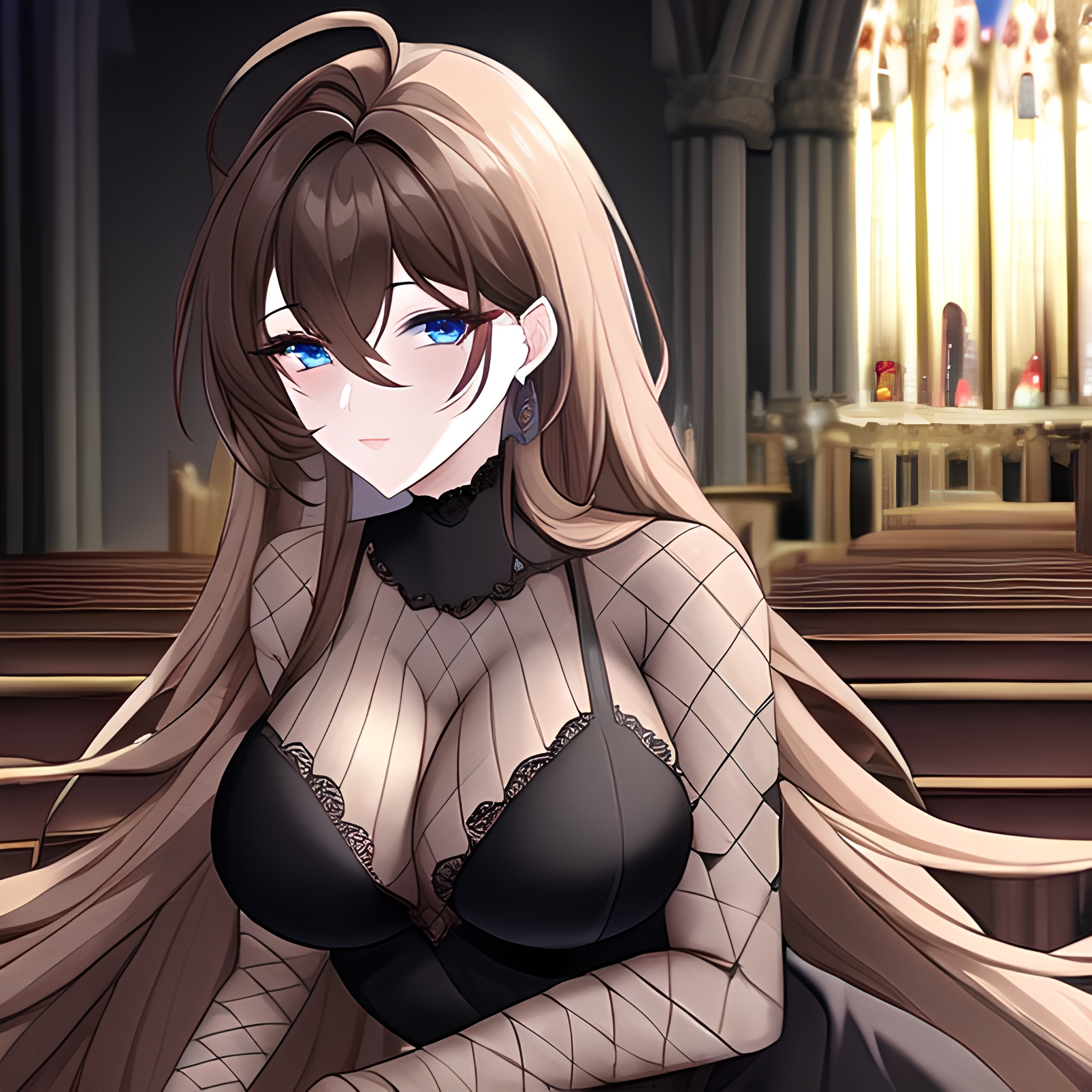 long hair fishnet messy hair brunette woman church 