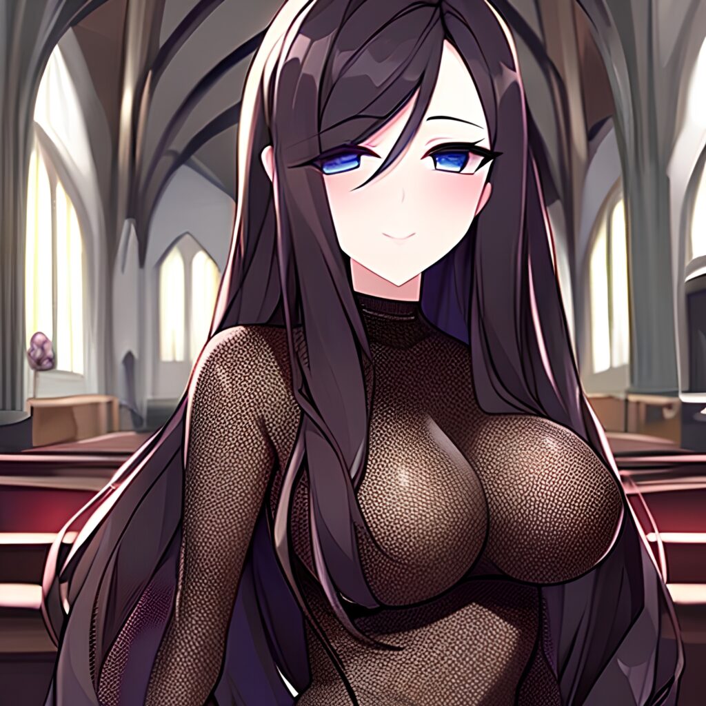 long hair fishnet messy hair church brunette woman 