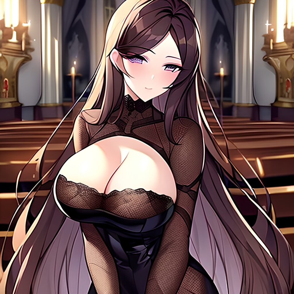 long hair fishnet messy hair church woman brunette 