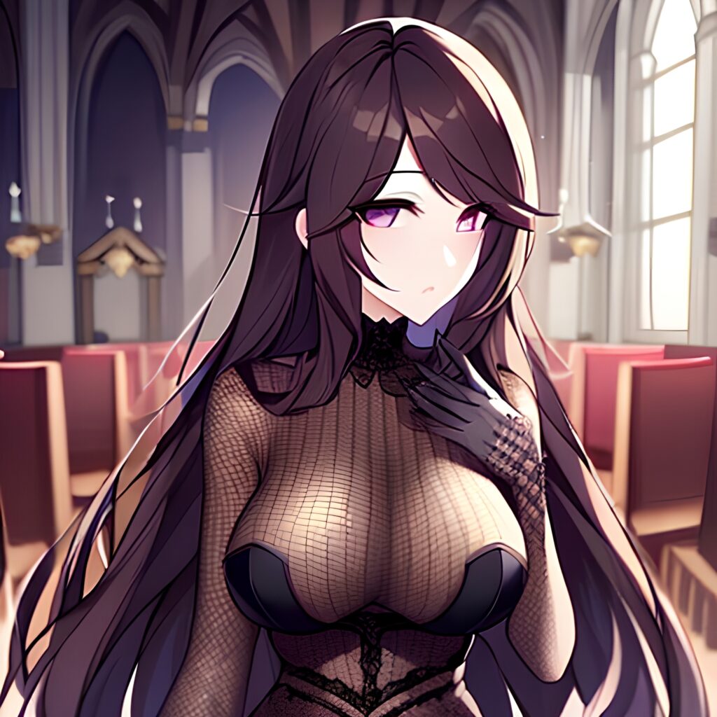 long hair fishnet messy hair woman church brunette 