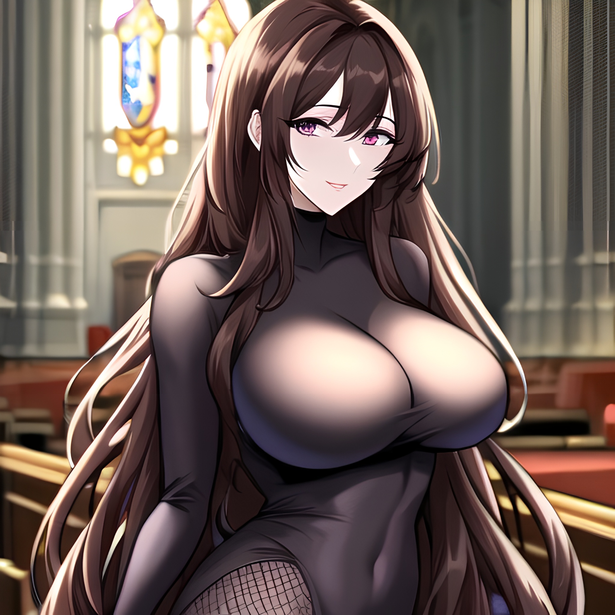 long hair fishnet messy hair woman church brunette 