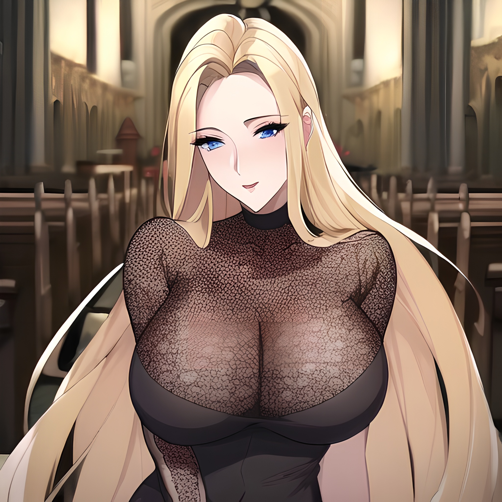 long hair fishnet nude blonde woman church front view small boobs 
