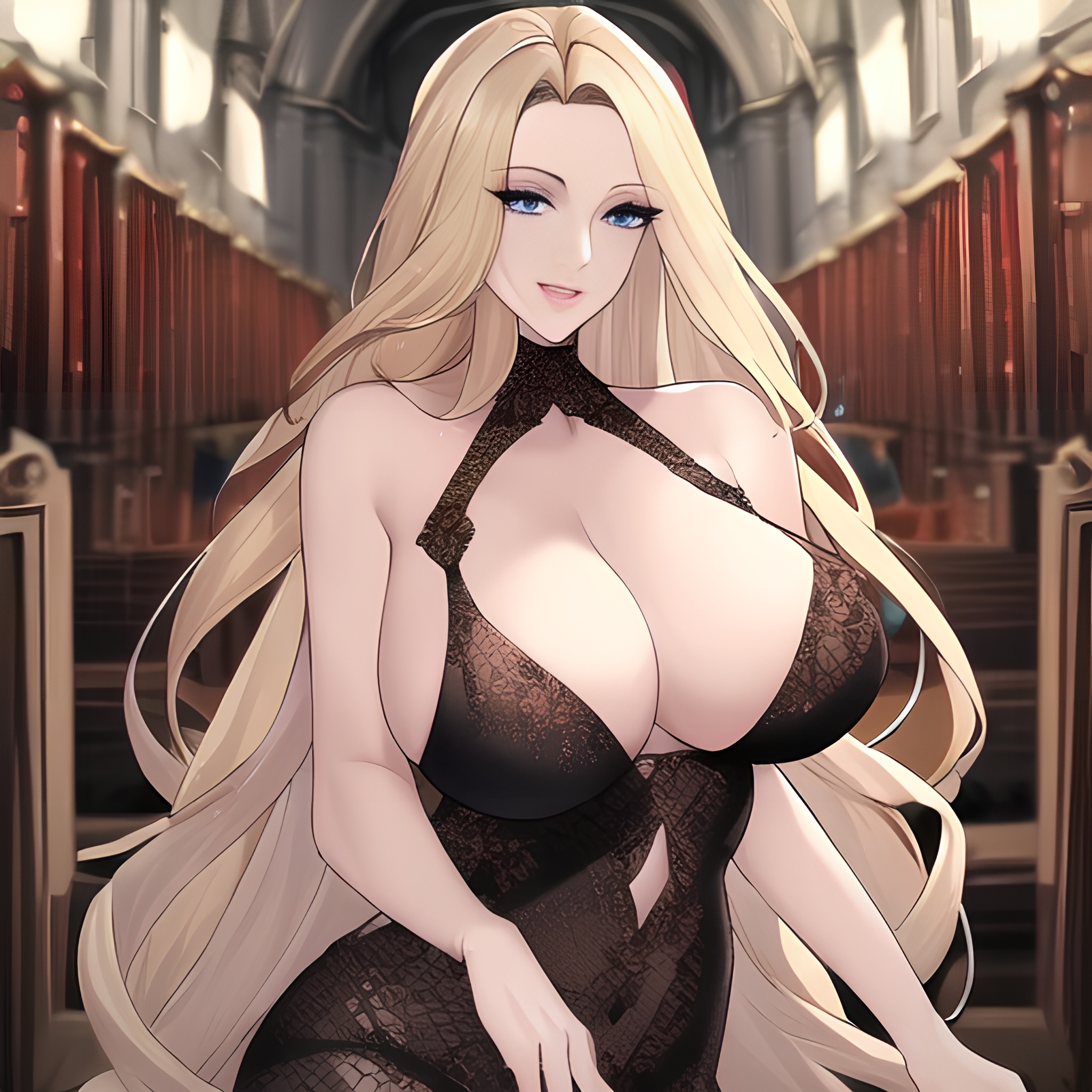long hair fishnet nude church woman small boobs front view blonde 