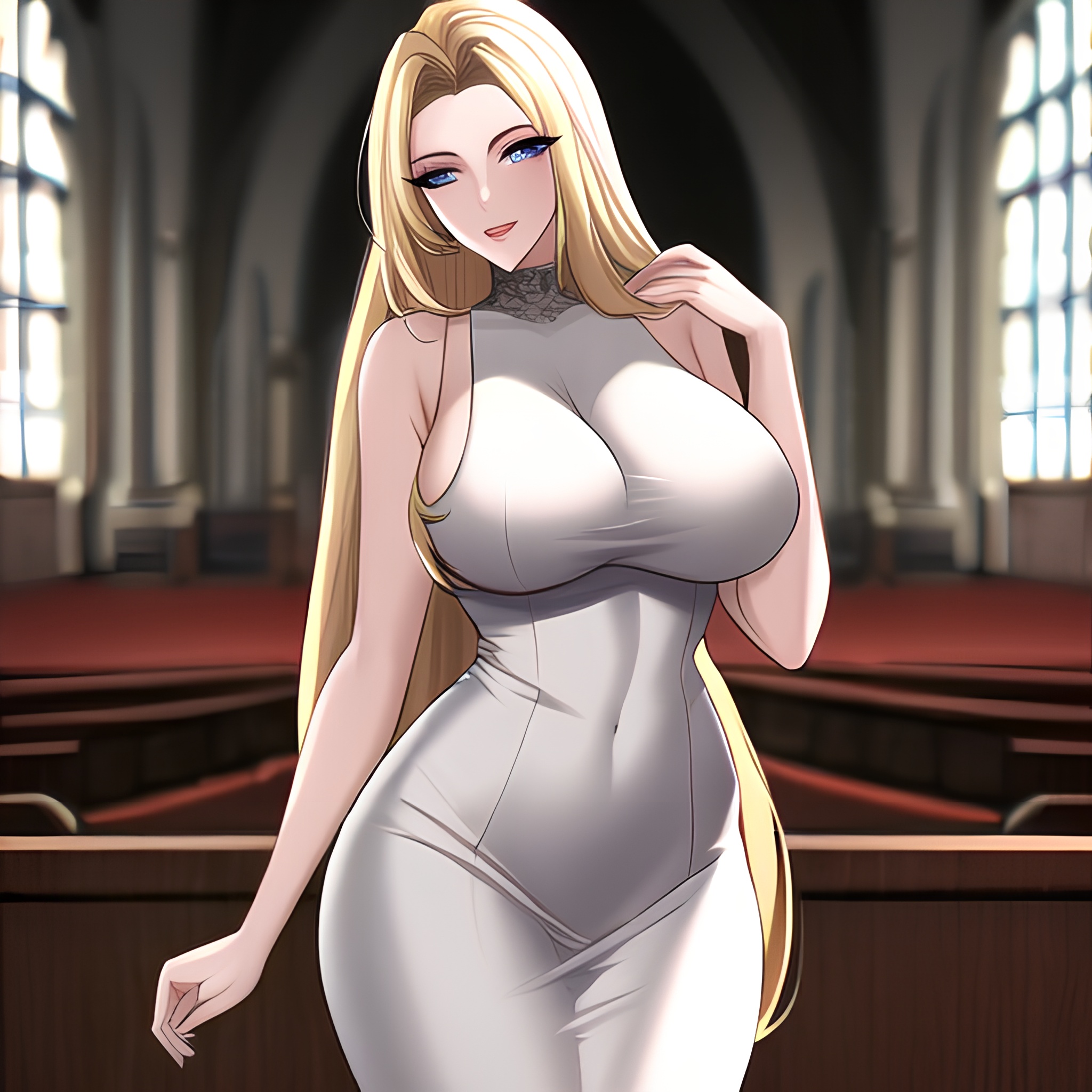 long hair fishnet woman blonde church