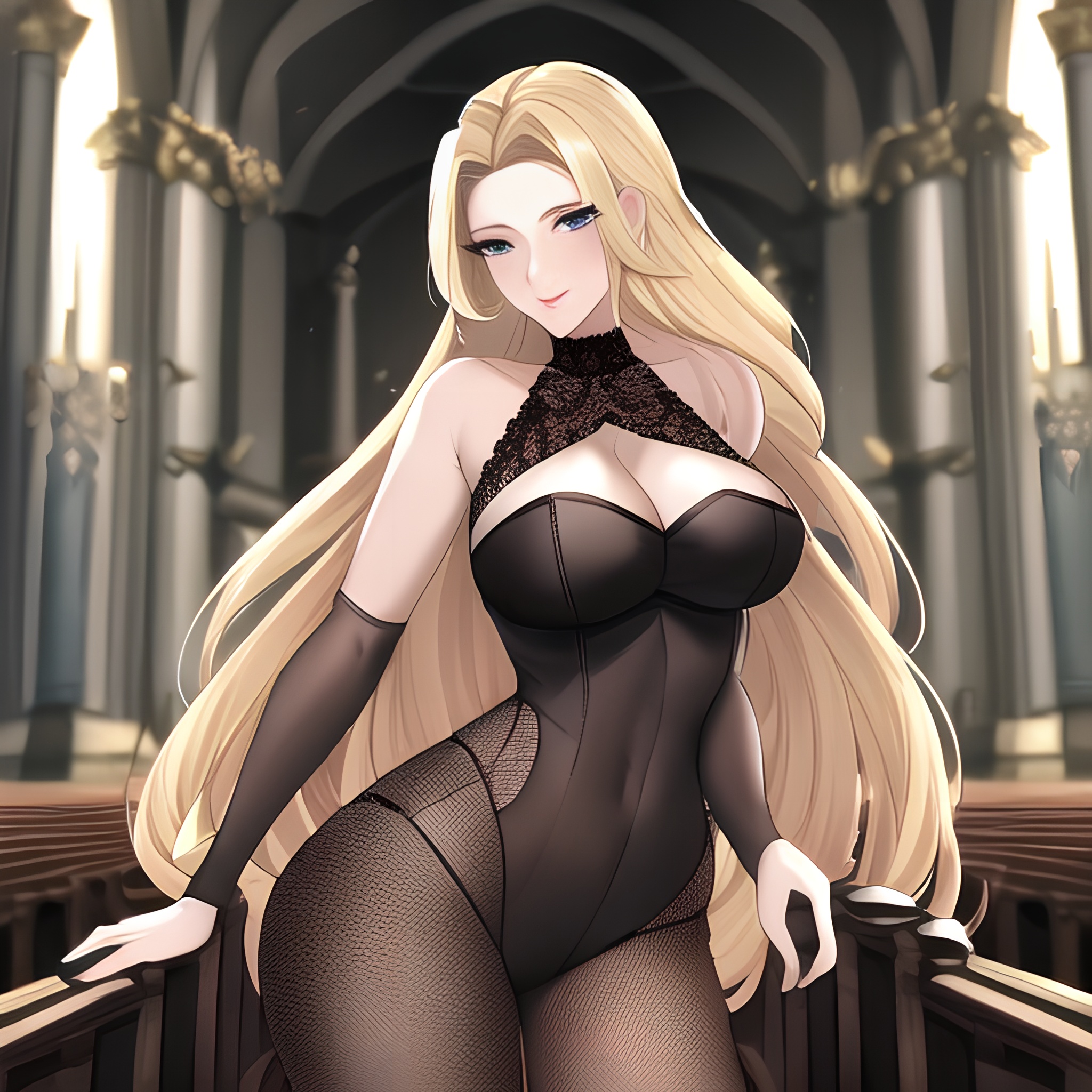 long hair fishnet woman blonde church front view nude small boobs