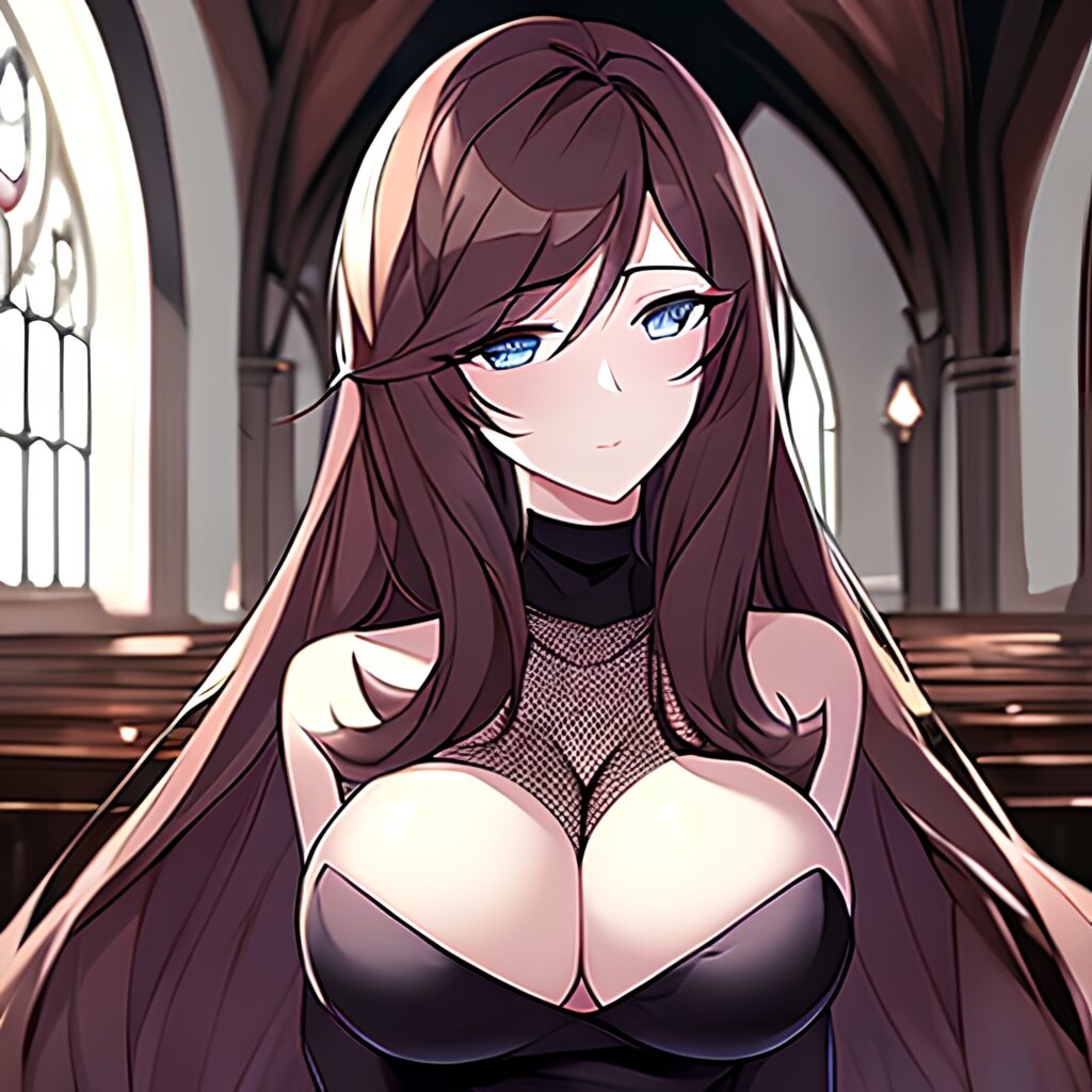 long hair fishnet woman brunette church messy hair 