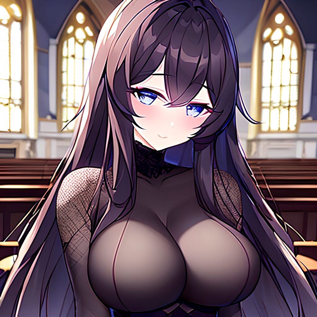 long hair fishnet woman brunette church messy hair