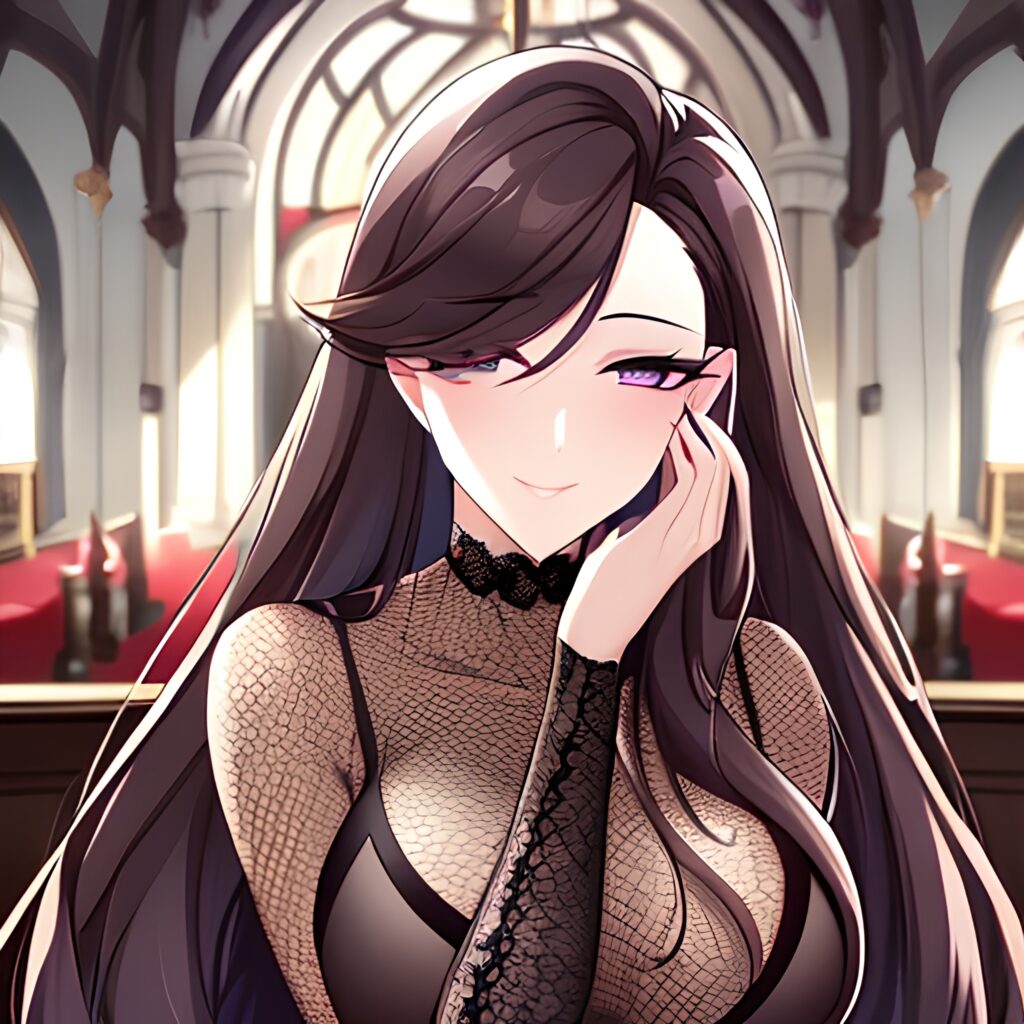 long hair fishnet woman brunette church messy hair