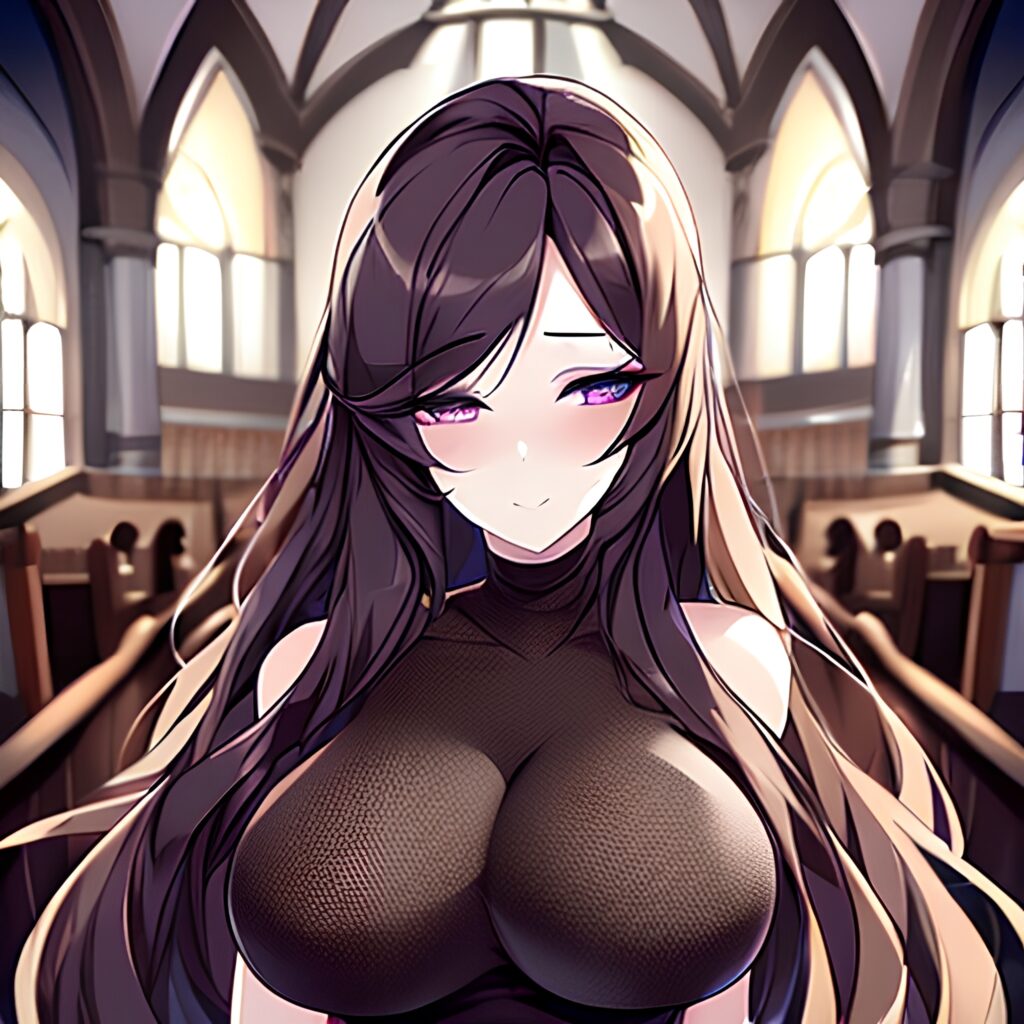 long hair fishnet woman brunette messy hair church 