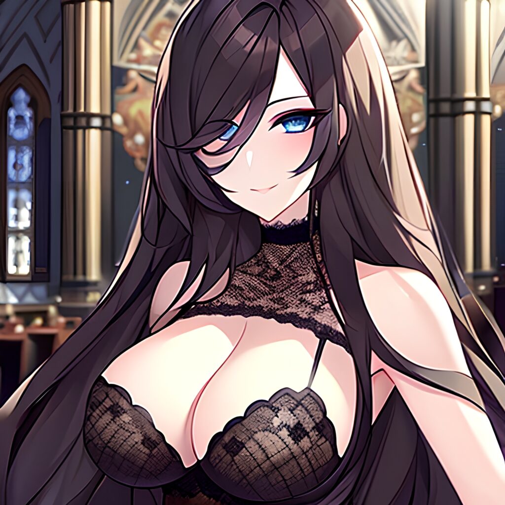 long hair fishnet woman brunette messy hair church 