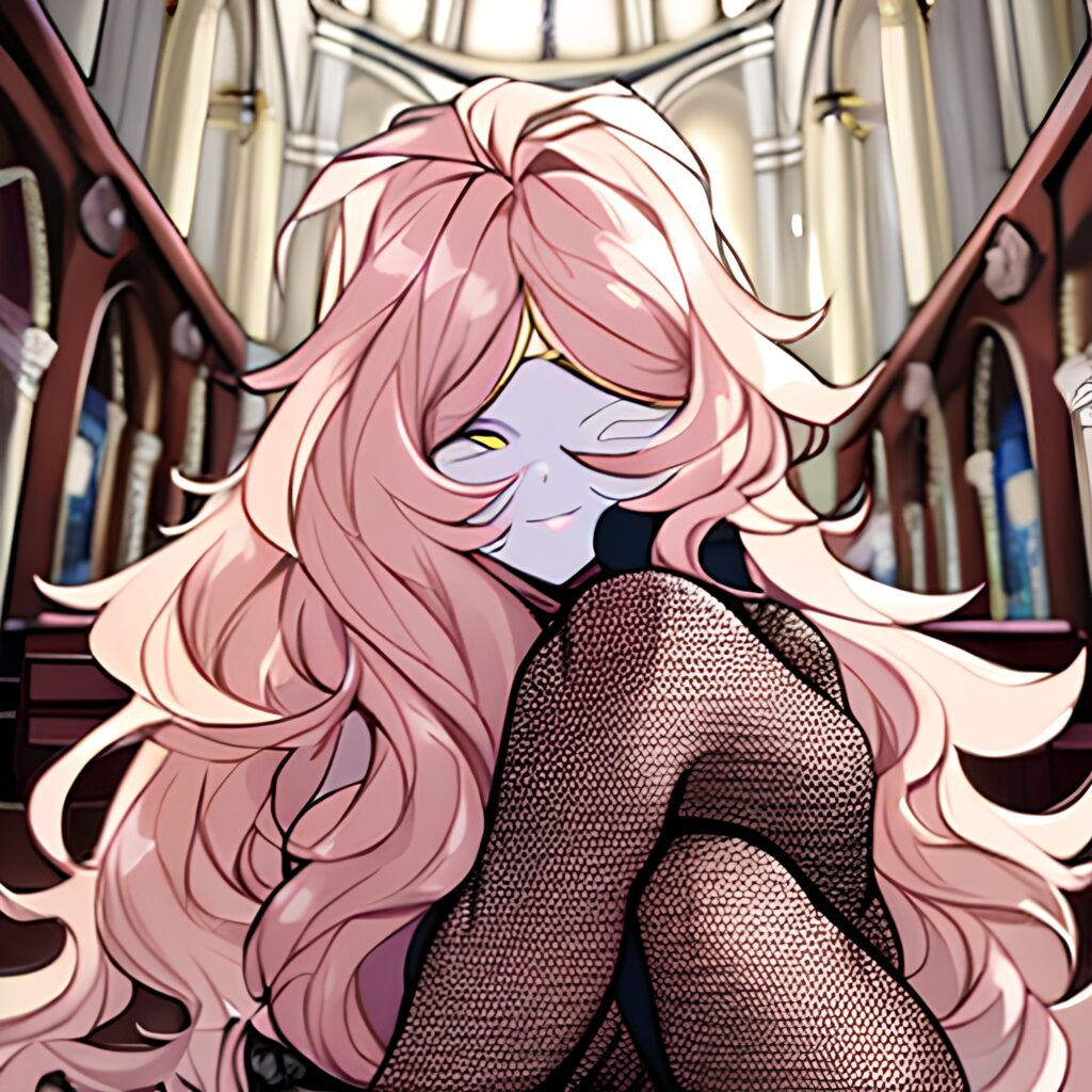 long hair fishnet woman brunette messy hair church 