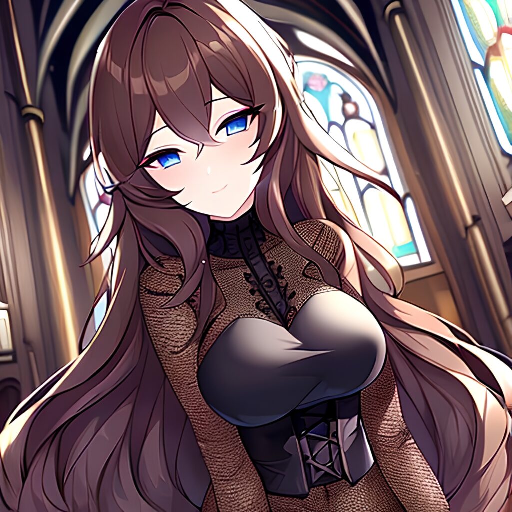 long hair fishnet woman brunette messy hair church 