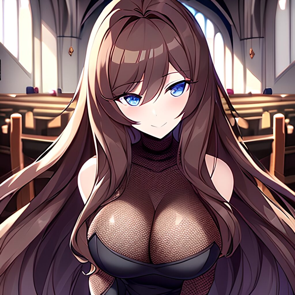 long hair fishnet woman brunette messy hair church 