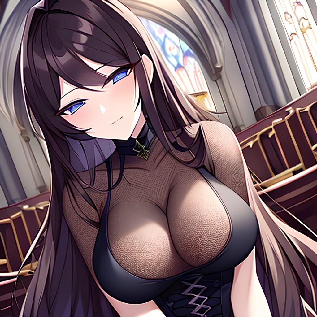 long hair fishnet woman brunette messy hair church 