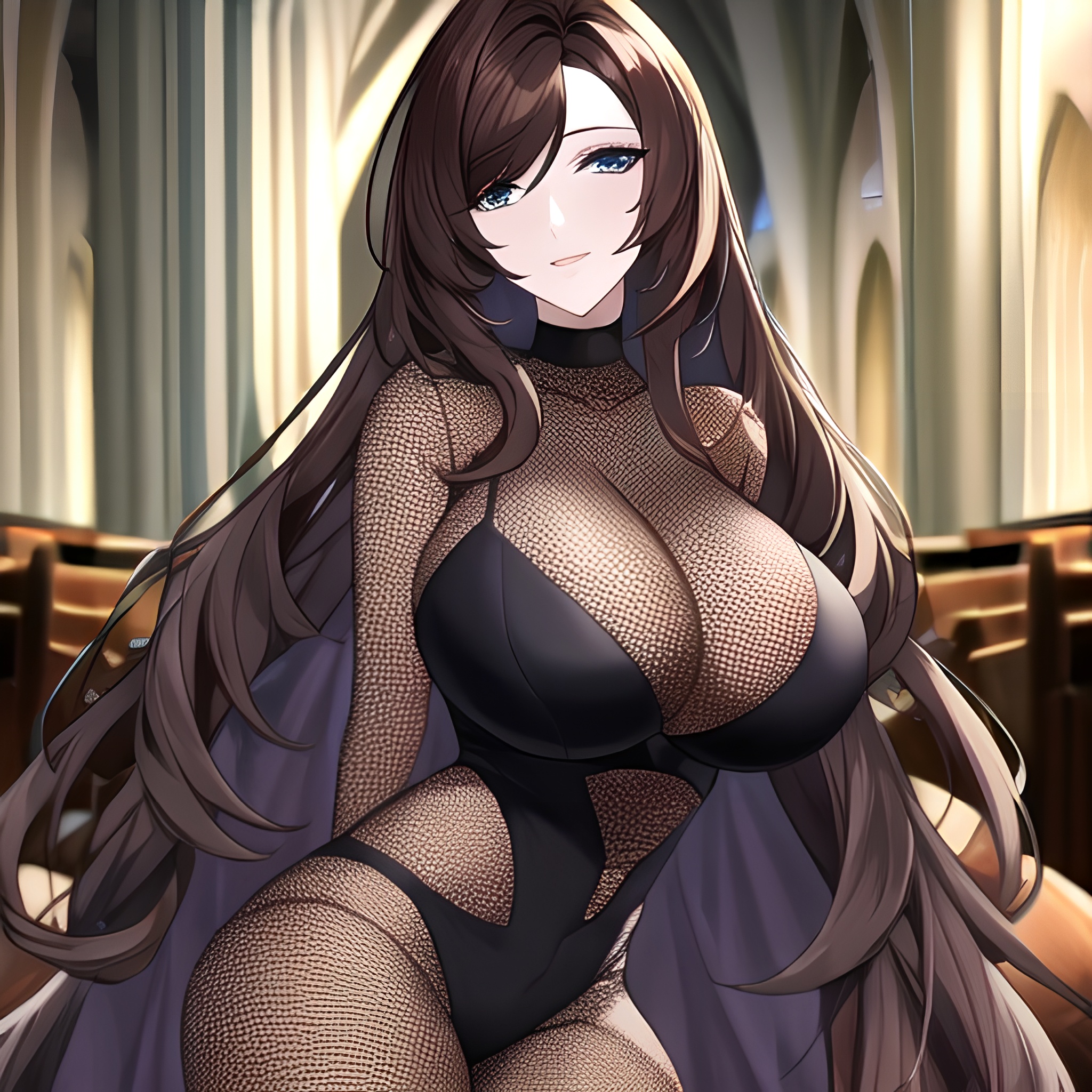 long hair fishnet woman brunette messy hair church 