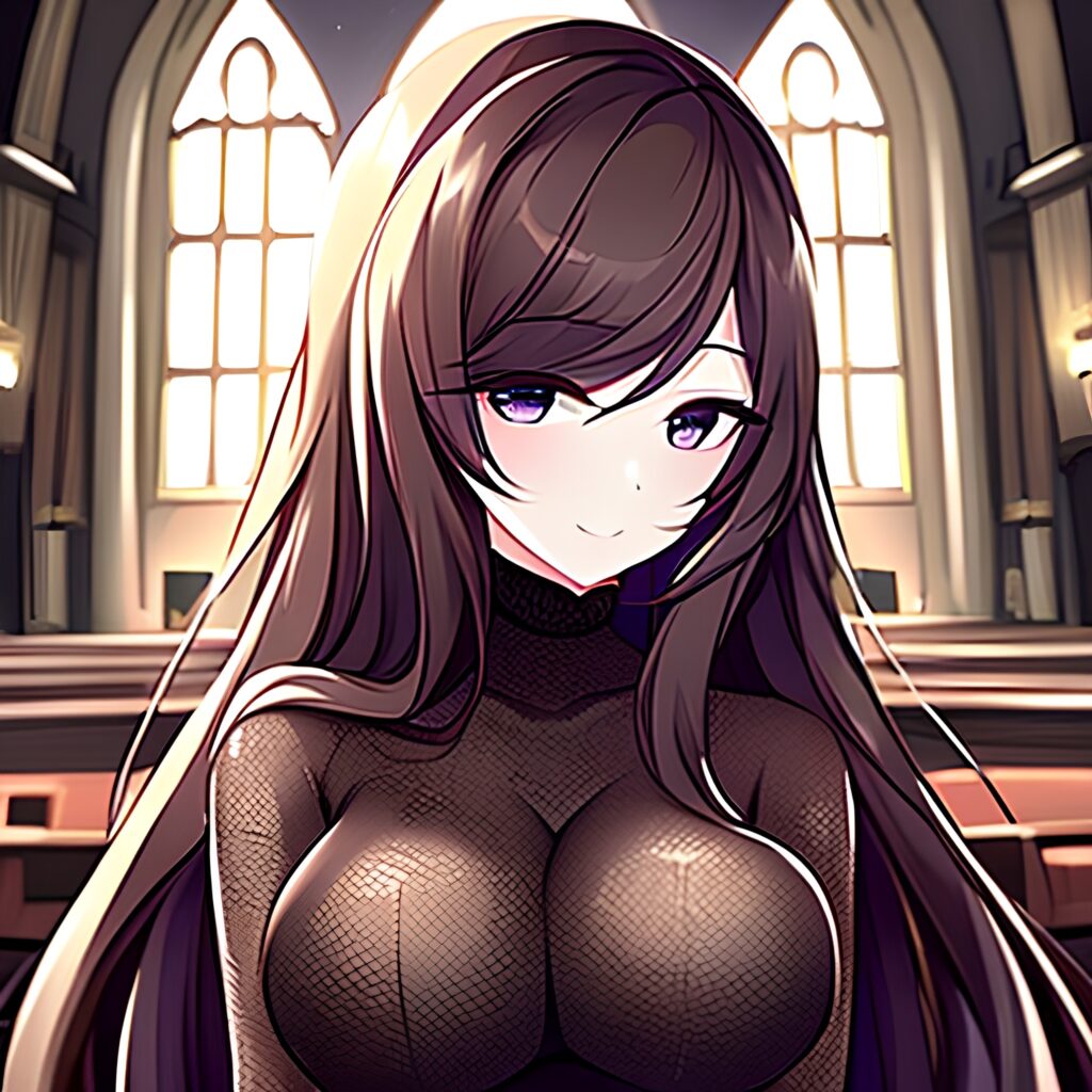 long hair fishnet woman brunette messy hair church 