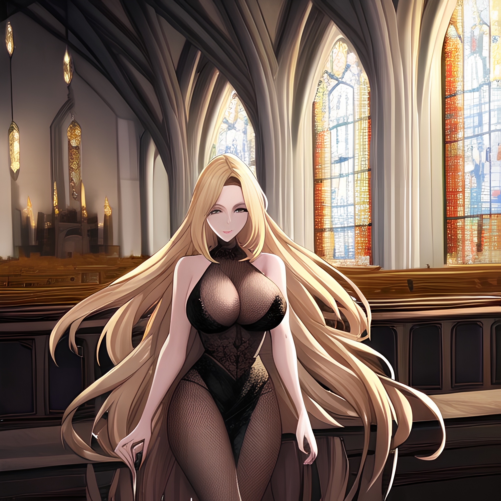 long hair fishnet woman church blonde 