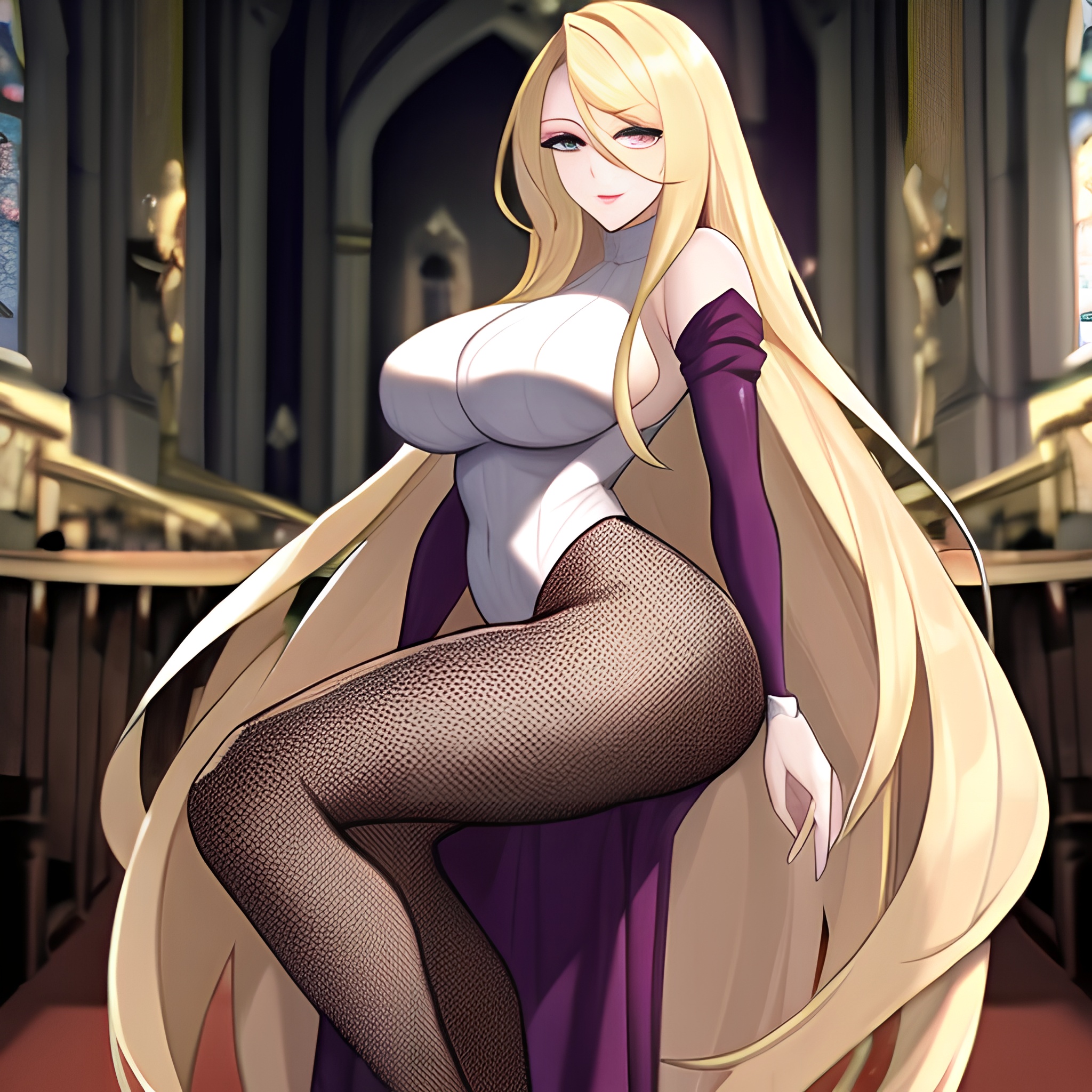 long hair fishnet woman church blonde 