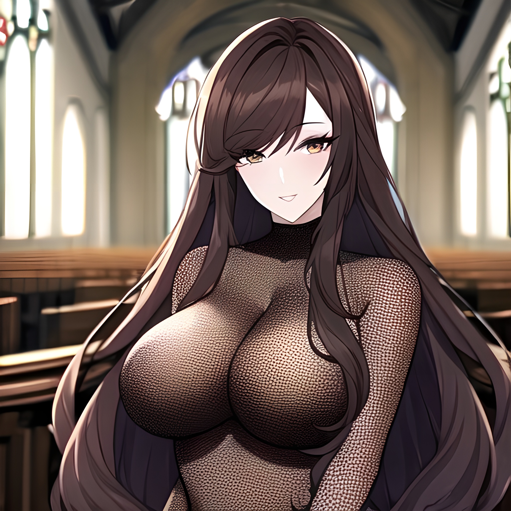long hair fishnet woman church brunette messy hair 