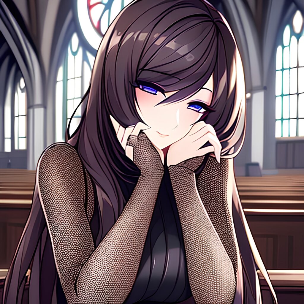 long hair fishnet woman church brunette messy hair 