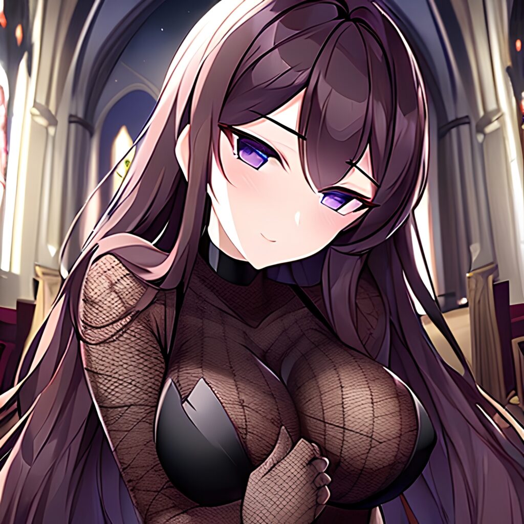 long hair fishnet woman church brunette messy hair 