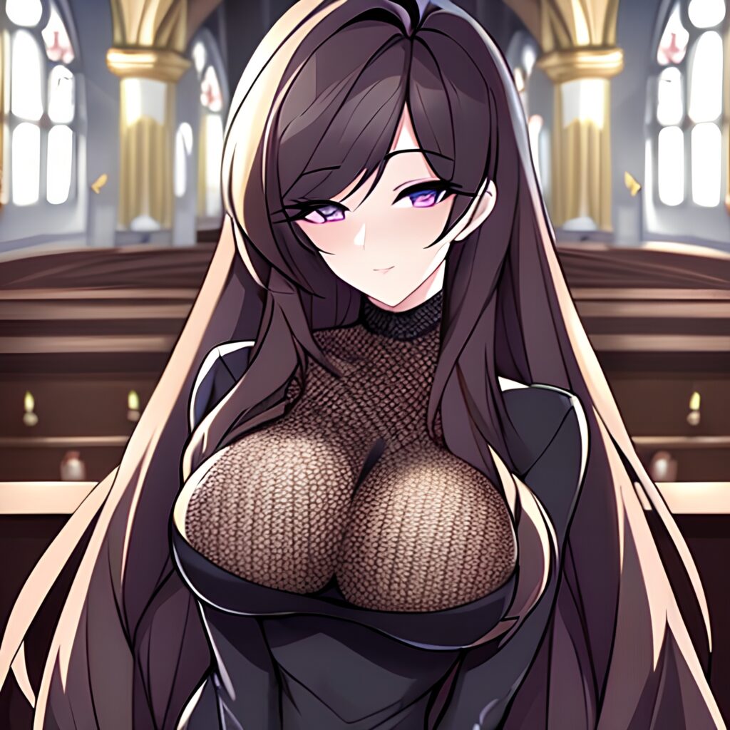 long hair fishnet woman church brunette messy hair 