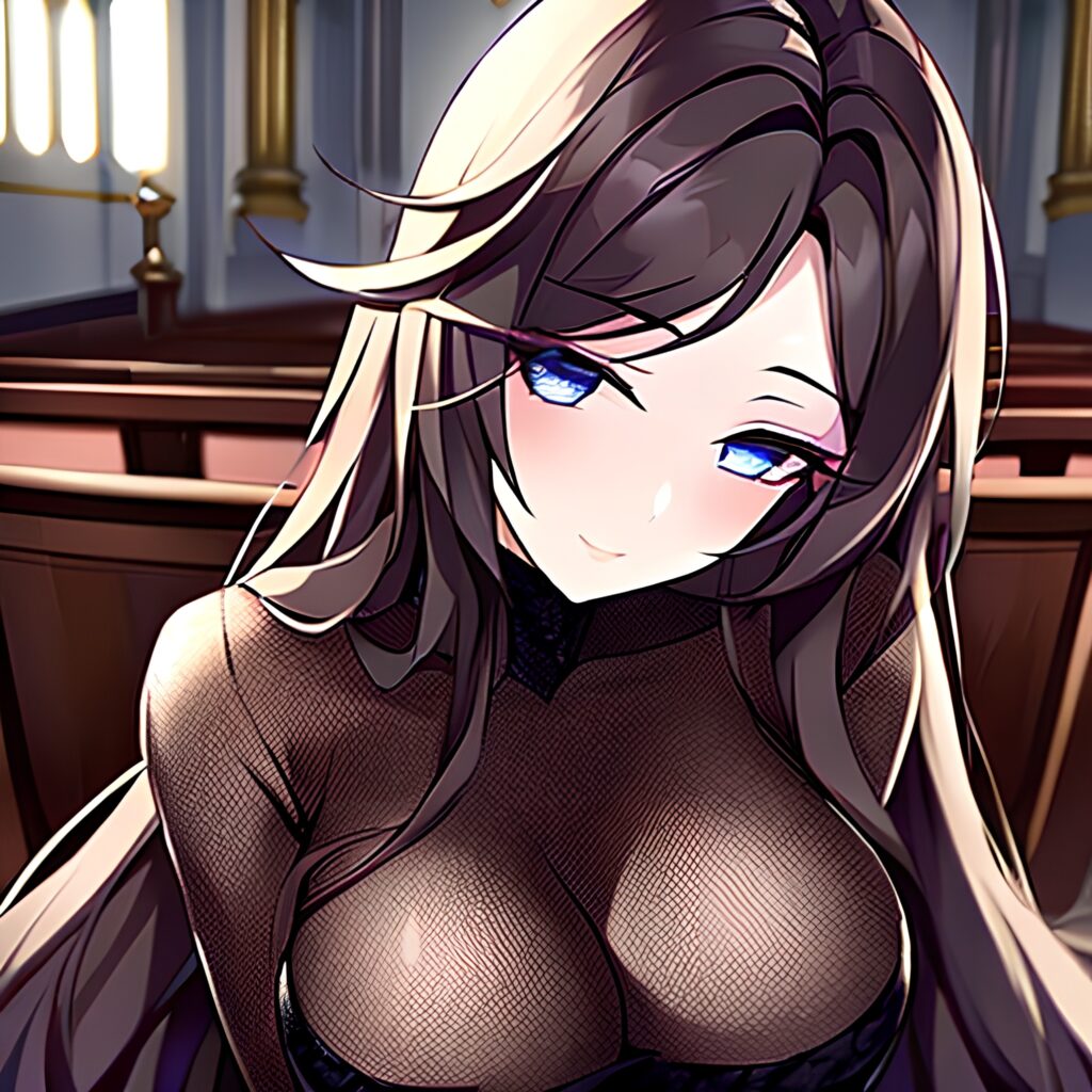 long hair fishnet woman church messy hair brunette 