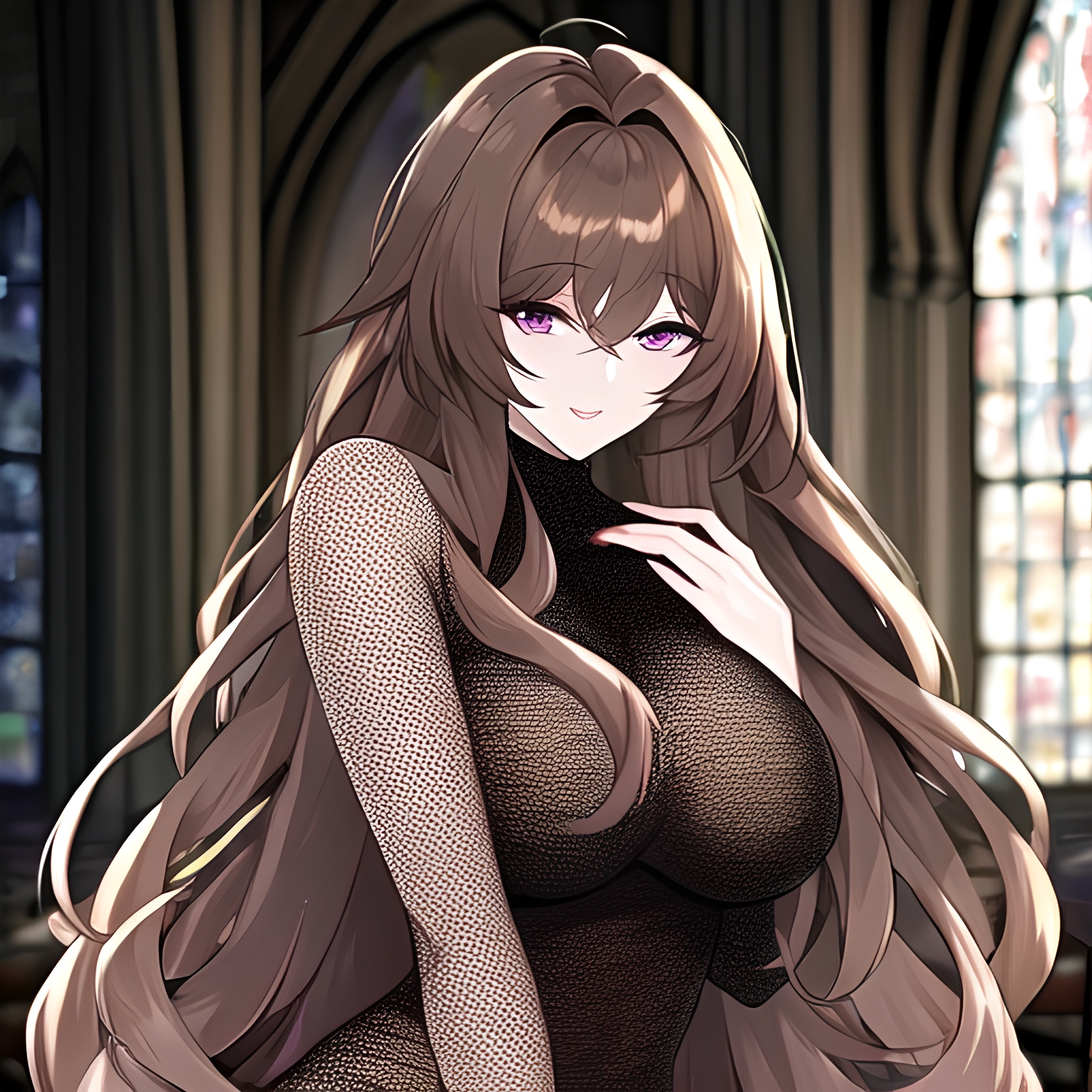long hair fishnet woman church messy hair brunette 