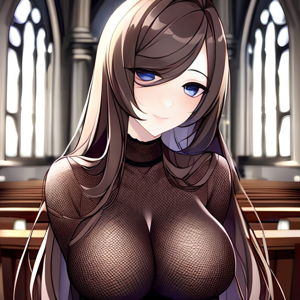 long hair fishnet woman church messy hair brunette 