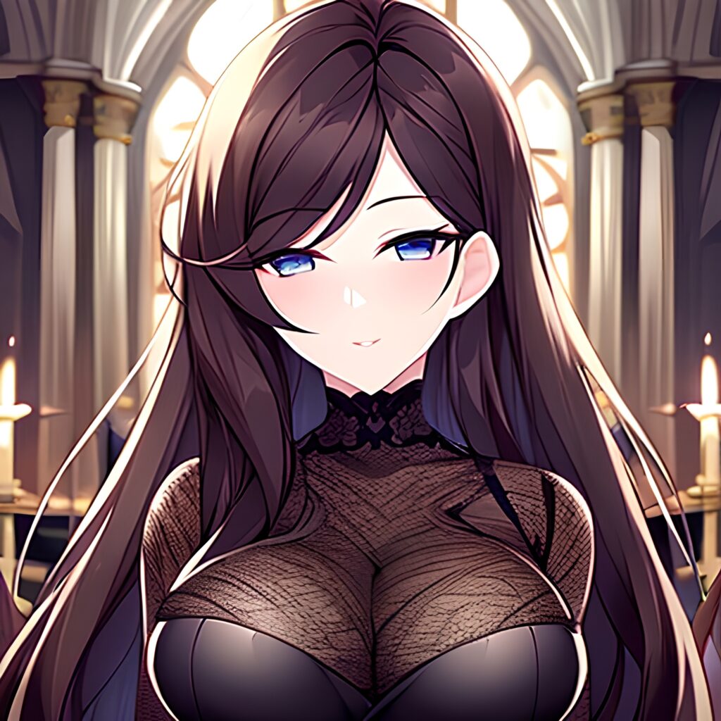 long hair fishnet woman church messy hair brunette 