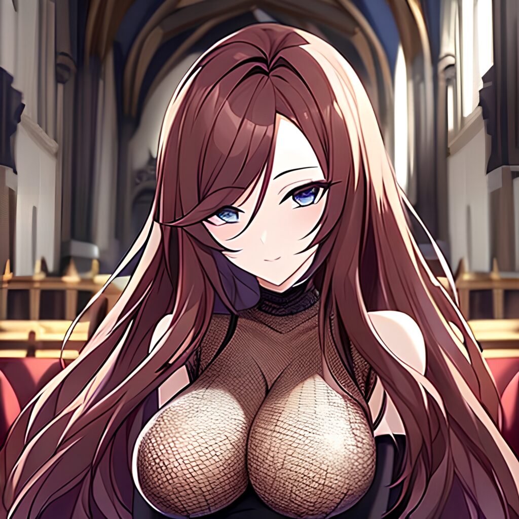 long hair fishnet woman church messy hair brunette 