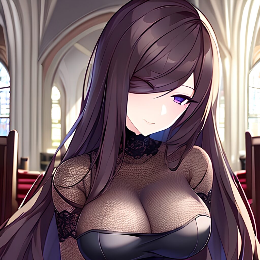 long hair fishnet woman church messy hair brunette 