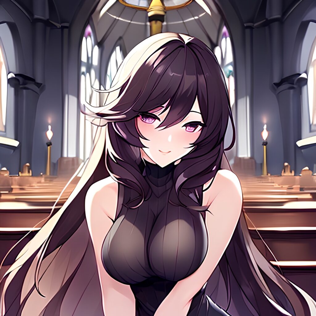 long hair fishnet woman church messy hair brunette 